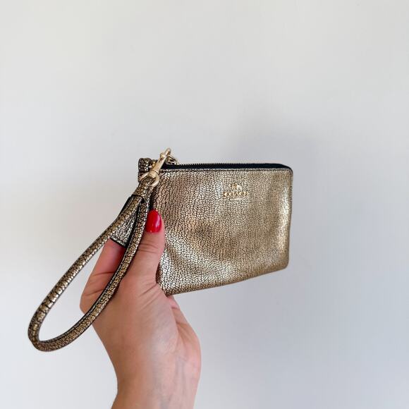 Coach Pebbled Leather Metallic Wristlet Gold OS - Picture 2 of 8